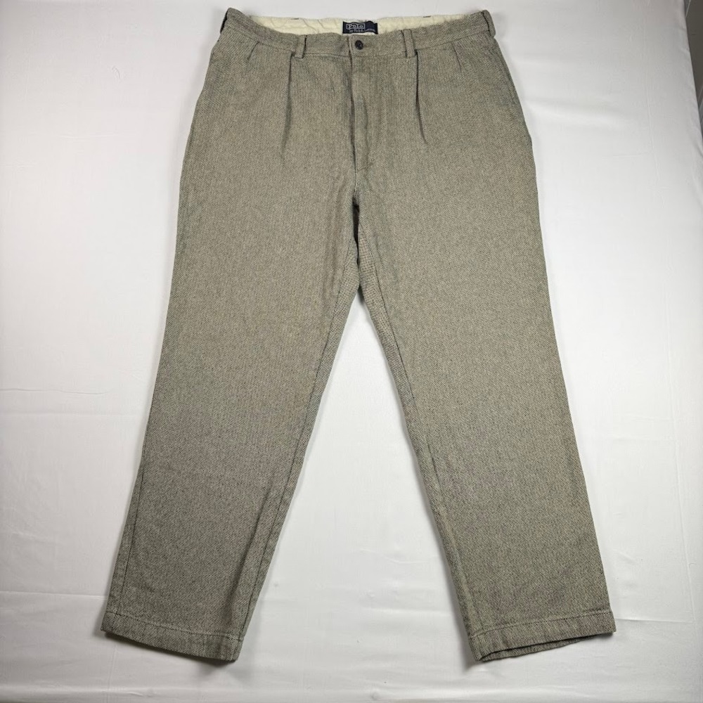 Vintage Polo Ralph Lauren Herringbone Pleated Cotton Trousers Mens 38x30 Tan